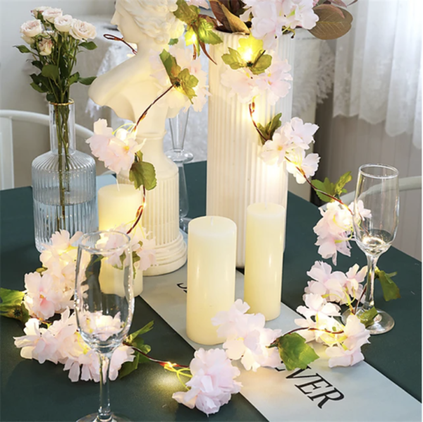 2 Way Powered Cherry Flower Garland Silver Wire Seed Lights